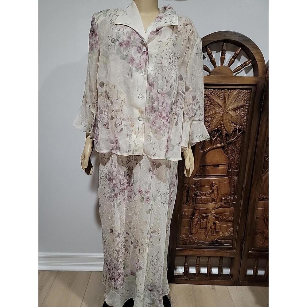 Vintage KATHY ROBERTS 2 Piece Jacket Maxi Beige Floral 20W Crinkle Dress NWT #03
